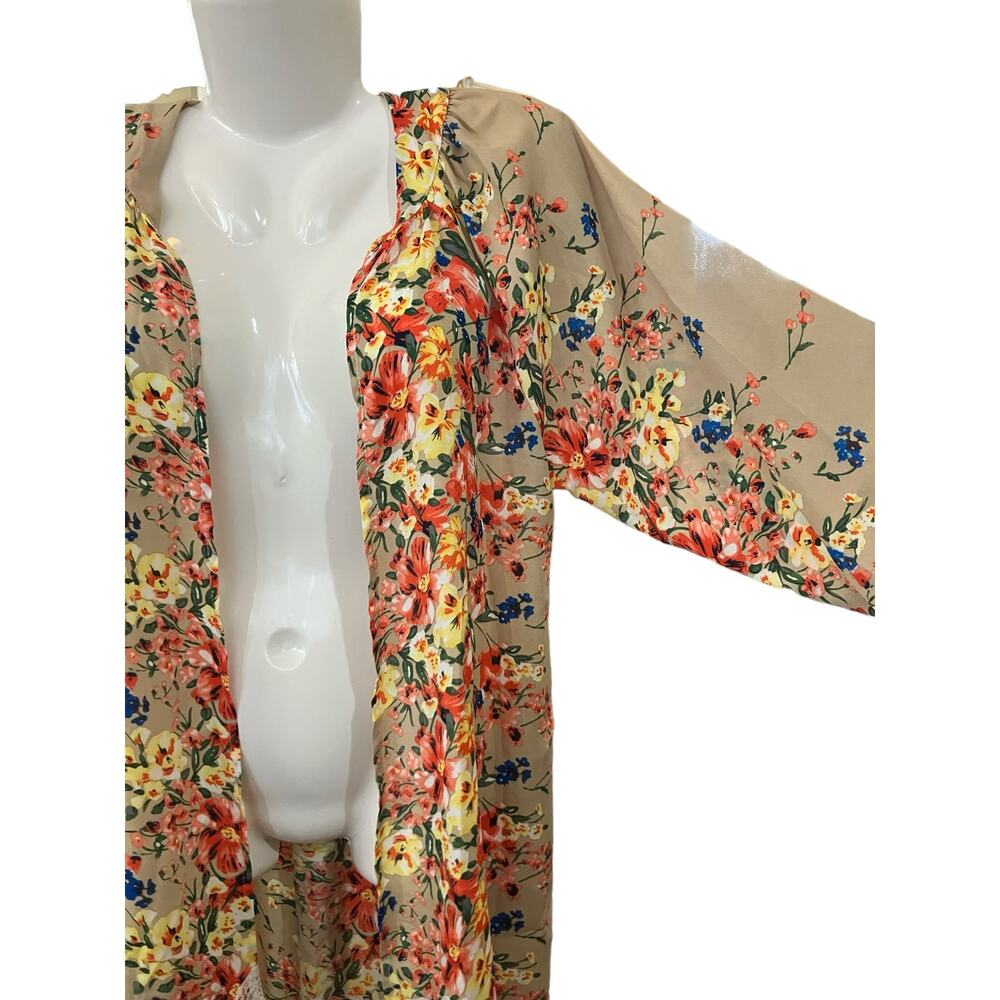 Relipop Women's Tan Floral Print Open-Front Duster/Kimono/Wrap/Coverup | Size M - Picture 6 of 12